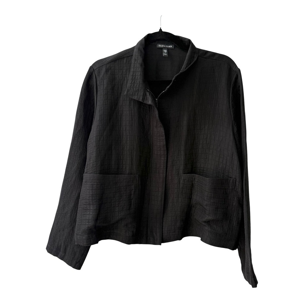 Eileen Fisher Stand Collar Silk and Linen Jacket in Black Size S